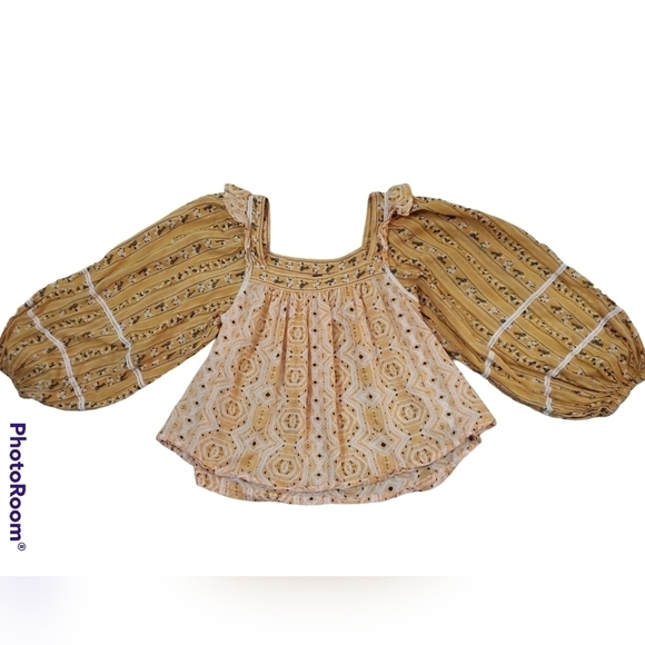 Free People~Woman S~Ochre Yellow Boho Tunic Smocked Henley CropTop Cotton. - Picture 4 of 13